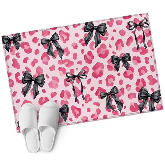 Black Bow Pink Leopard Entryway Rug 2x3 Area Rug Washable Indoor Doormat Small Bathroom Rugs Non-Slip Low Pile Accent Throw Rugs Minimalist Boho Chic Modern Floor Carpet for Kitchen Bedroom Entrance
