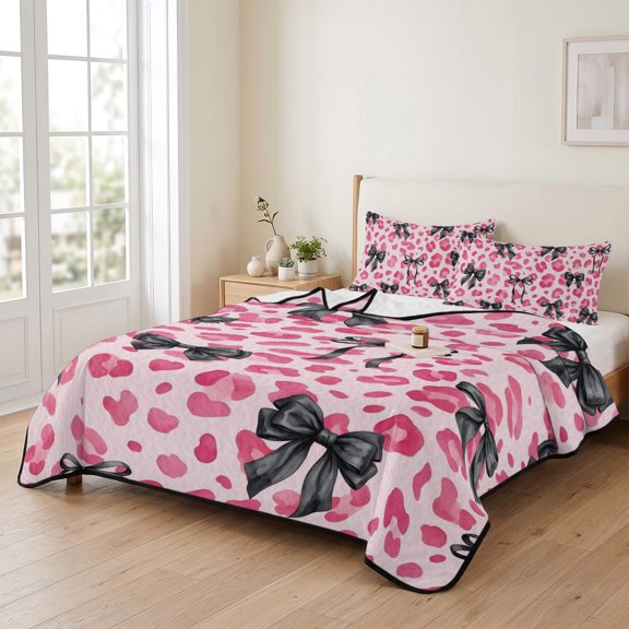Black Bow Pink Leopard Print 3 Pieces Quilt Set,1 Quilt with 2 Shams,Ribbon Bowknot Animal Pattern Spots Bedspread Soft Lightweight Bedding Coverlet Comforter Set for All Season 90"x96"