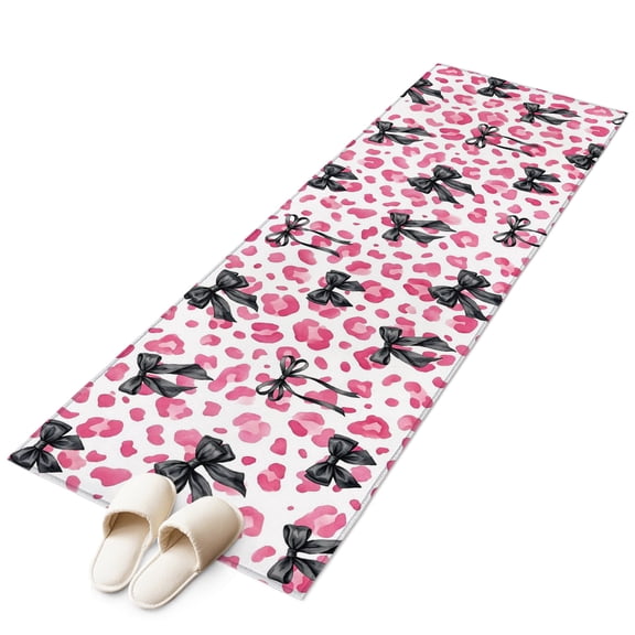 Black Bow Pink Leopard Runner Rug 2x6 Washable Kitchen Rug Non-Slip Lightweight Thin Soft Low Pile Bathroom Runner Chic Modern Abstract Art Carpet for Hallway Laundry Room Bedroom Entryway