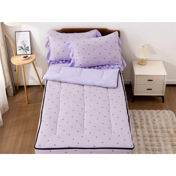 Black Bow Printed Zipper Bedding Sets Twin for Kids Girls Lightweight Microfiber Butterfly Comforter Set with Fitted Sheet Pillow Covers,