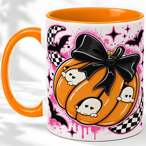 Black Bow Pumpkin Accent Mug, 11oz Ceramic Coffee Cup for Halloween
