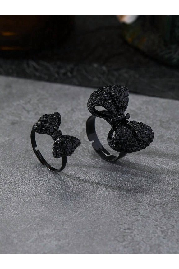 Black Bow-Shaped Rhinestone Statement Ring For Women