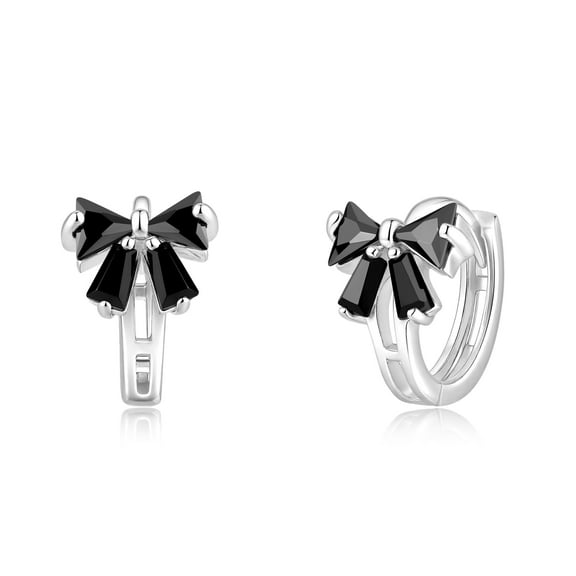 RYSKYJEWELRY Sterling Silver Huggie Earrings; Black Bow Hoop; All Ages
