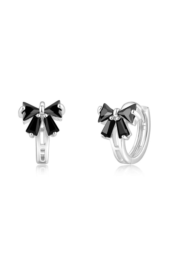 Sterling Silver Huggie Earrings; Black Bow Hoop; All Ages