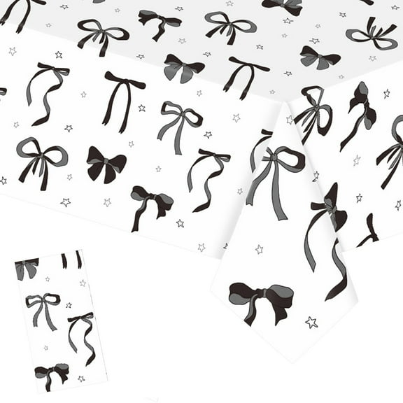 Black Bow Table Cloth Rectangle Table Party Supplies Bow Theme Disposable Plastic Table Covers Waterproof Bow Birthday Decorations for Women Girls Bridal Baby Shower Bachelorette Party Decor