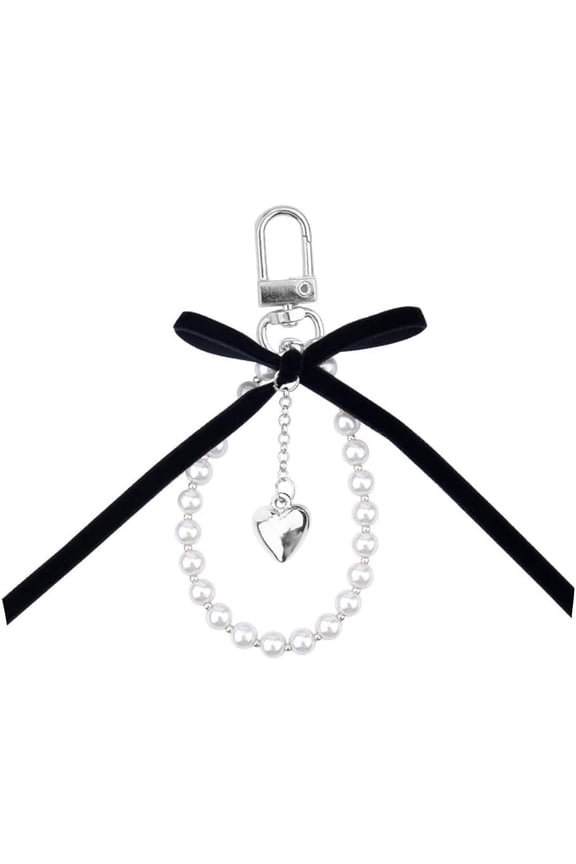 Black Bow With Pearls Keychain Y2k For Women Girls Bow Keychain Wristlet For Purse Backpack Goth Keychain With Heart Charm