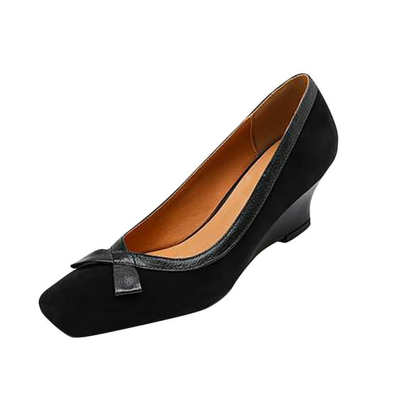 Black Bowknot Design Sandals For Women Square-Toe Wedge Heel Shallow Mouth Comfortable For Summer Wear Fashionable For Skirt Pairing Breathable And Lightweight