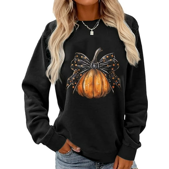 Halloween Spooky Season Sweatshirt Black Bowknot Pumpkin Print Long Sleeve Shirt for Women