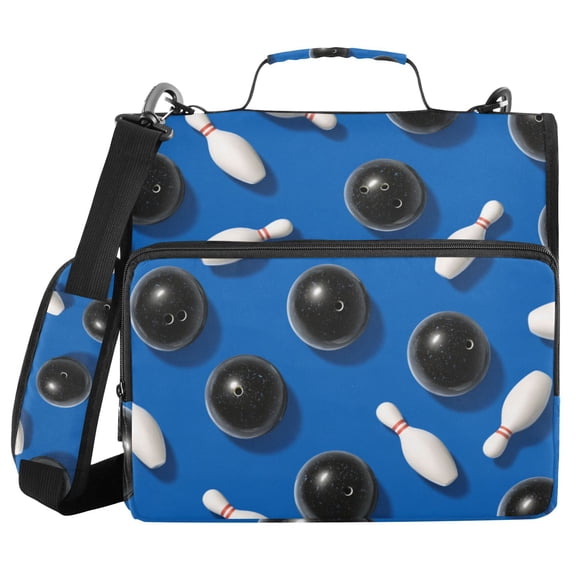 Black Bowling Balls White Pins Binder Bag with Shoulder Strap 3 Ring Zipper Binder File Folder Document Storage