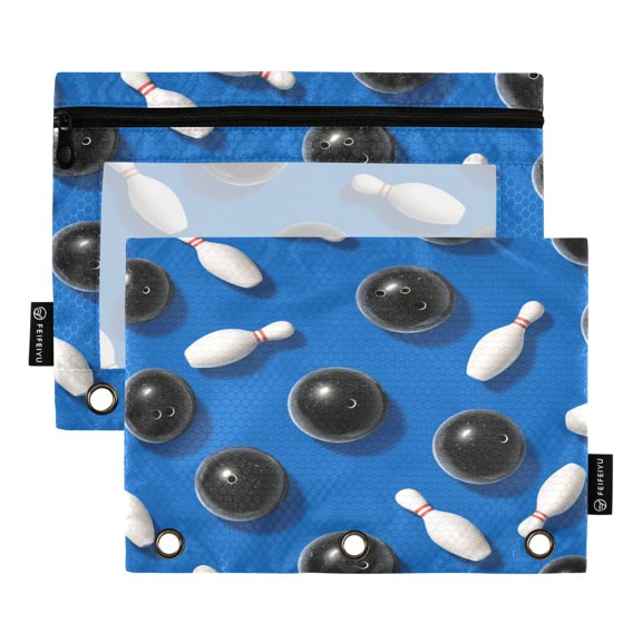 Black Bowling Balls White Pins Binder Pouches Zipper Pocket Document Storage 3 Rings 2 Packs A5 Size