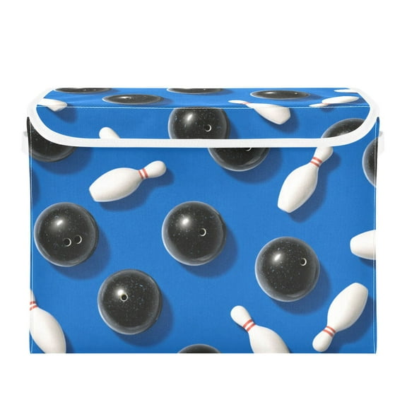 Black Bowling Balls White Pins Foldable Storage Bin with Lid and Handle Collapsible Storage Box 16.5 x 12.6 x 11.8 inches