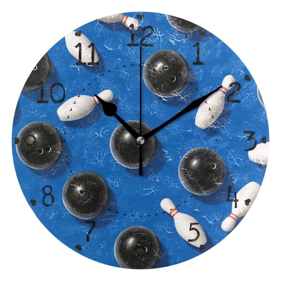 Black Bowling Balls White Pins Round Wall Clock Silent Analog Battery Operated Black Pointer Home Decor 9.84" Diameter
