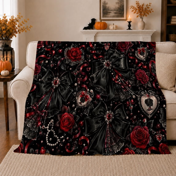 Black Bows with Red Roses and Heart Gems, Gothic Romantic Style for Dark Floral Art Lovers, Cameo Ribbon Scene and Birthday Gift, Cozy Flannel Blanket for Bedroom and Living Room, Home Decor