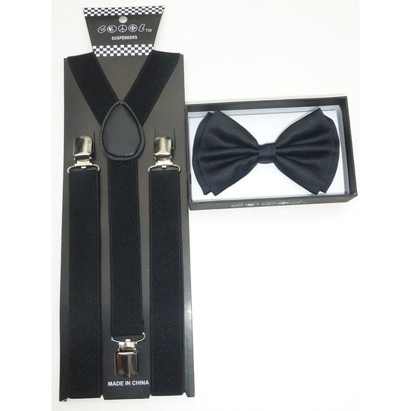 Black - Bowtie and Suspender, Bow tie & Suspenders Set, Classic Accessory for Adults and Teens, Prom, Wedding, Party
