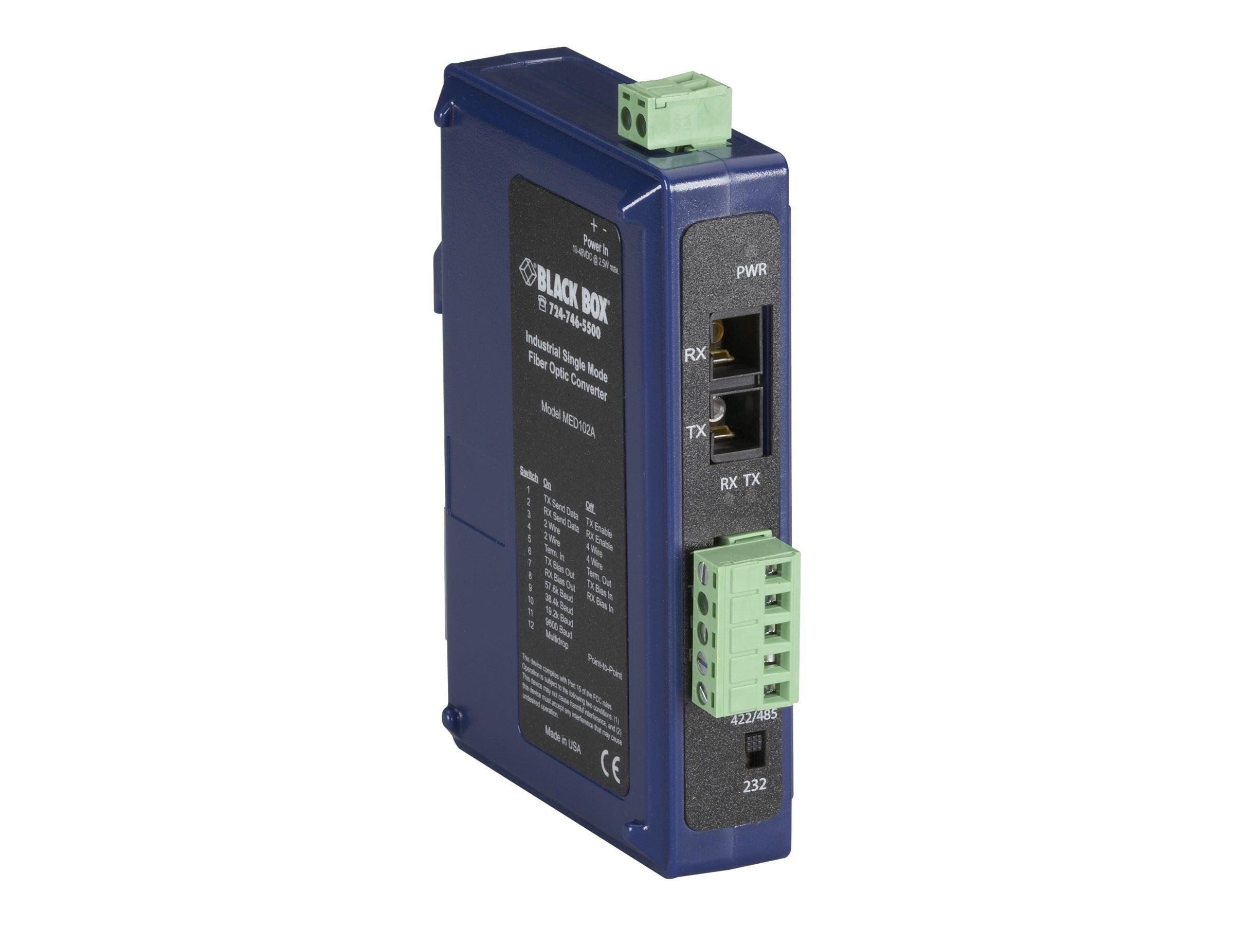 Black Box Industrial DIN Rail RS-232/RS-422/RS-485 Fiber Driver, Single-Mode (med102a)