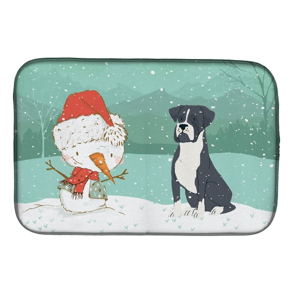 Black Boxer and Snowman Christmas Dish Drying Mat