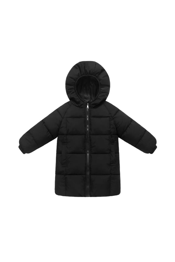 Black Boy Girl Children Boy Girl Thermal Thick with Hood Plain Long Parkas Jackets Hoods Outfits for Child Collared Neck Fall Winter 2025 Clothing 4 Years