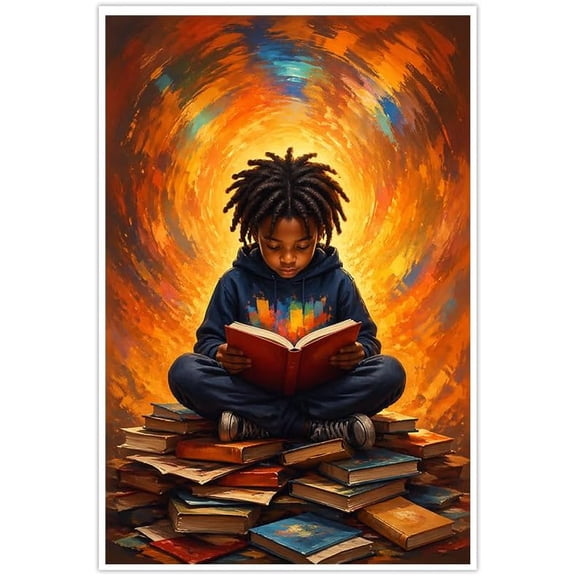 Black Boy Reading Book Canvas Wall Art, African American Kid Print, Educational Inspirational Home Decor for Living Room Bedroom