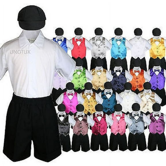 Black Boy Toddler Formal Vest Shorts Suit Satin Vest Bow Tie Hat 5PC Set sz S-4T