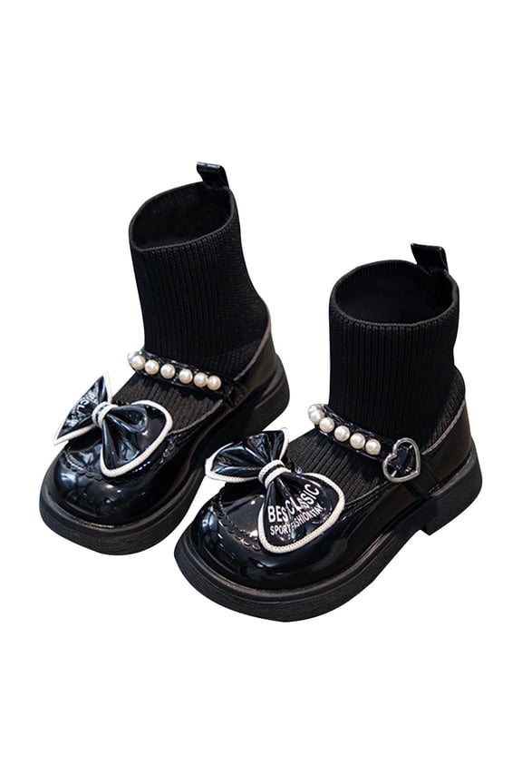 Black Boys And Girls Sturdy Winter Shoes With Man-Made Leather And Flexible Rubber Bottom, Suitable For Chilly Weather And Play