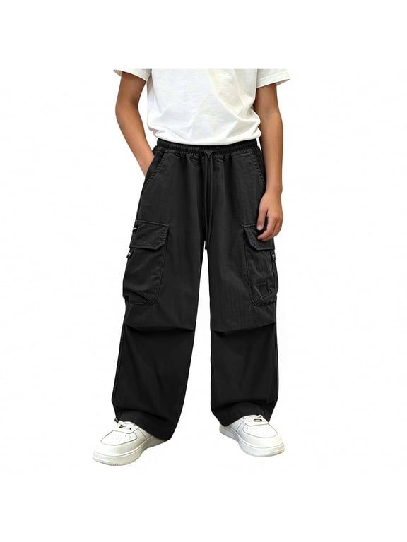 Black Boys Cargo Casual Going Out Pants for Boys Loose Fit Pleated Flare Bell Bottom Paperbag Long Bootcut Leg Fall Summer 2026 Trendy 7 Years