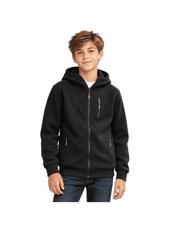 Black Boys Fleece Lined Hoodie with Zipper Pockets Size 12-13 Years,Full Zip Up Sweatshirt,Outdoor Athletic Jacket for Hiking Camping Daily Work,Kids Fall Winter Clothes