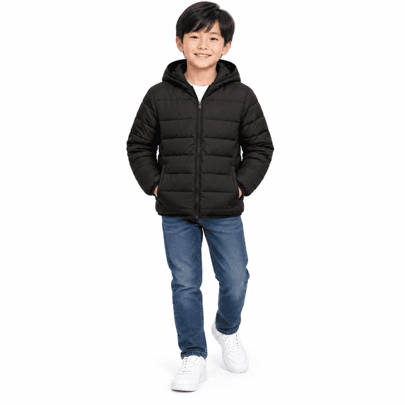 Black Boys Padded Puffer Jacket Size 11-12 Years, Kids Hooded Full Zip Winter Warm Coat with Side Pockets for Casual Outerwear Clothes