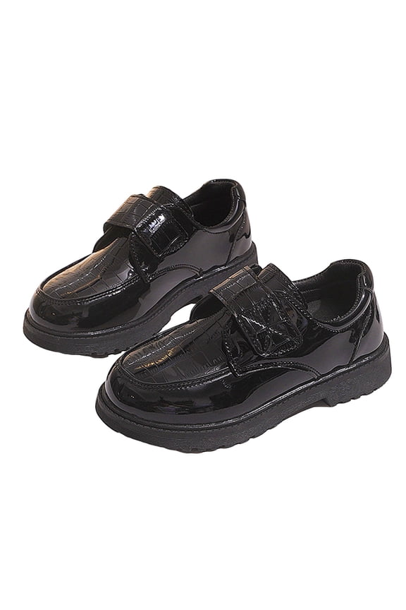 Black Boys' School Shoes With British Style, Shiny Upper, And Magic Strap, Ensuring Comfort For Daily Wear