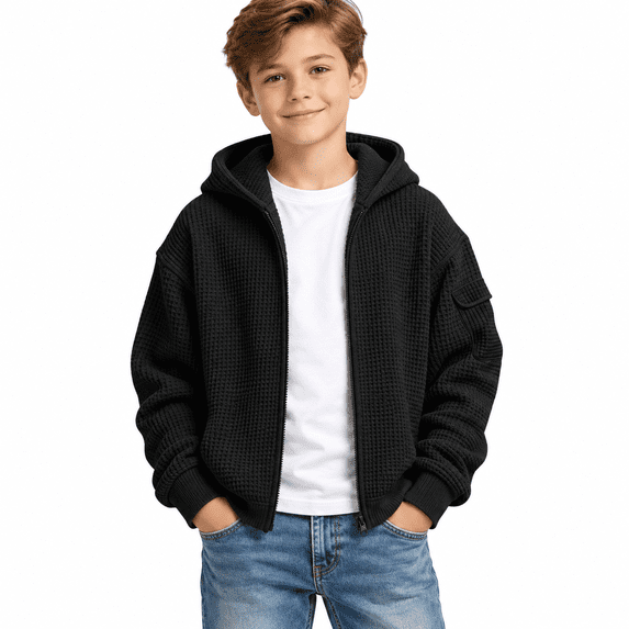 Black Boys Waffle Hoodie with Sleeve Pocket Size 5-6 Years,Full Zip Up Sweatshirt,Tactical Athletic Jacket for Outdoor Sports School,Casual Fall Spring Wear