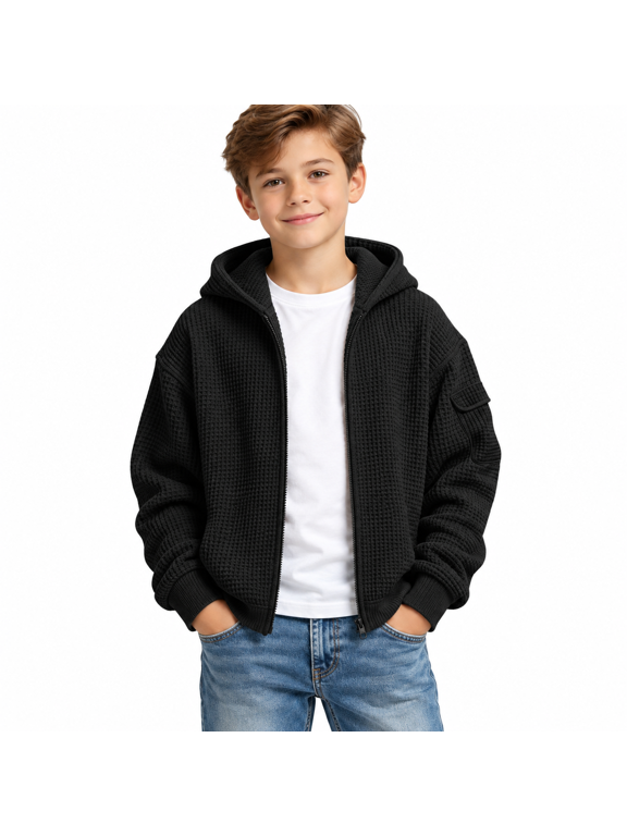 Black Boys Waffle Hoodie with Sleeve Pocket Size 5-6 Years,Full Zip Up Sweatshirt,Tactical Athletic Jacket for Outdoor Sports School,Casual Fall Spring Wear
