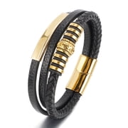 Black Bracelet for men, Black braided Leather Bangle Bracelet, Mens Womens Steel Black Trible Pattern Bead Charms ID Identify, Classic