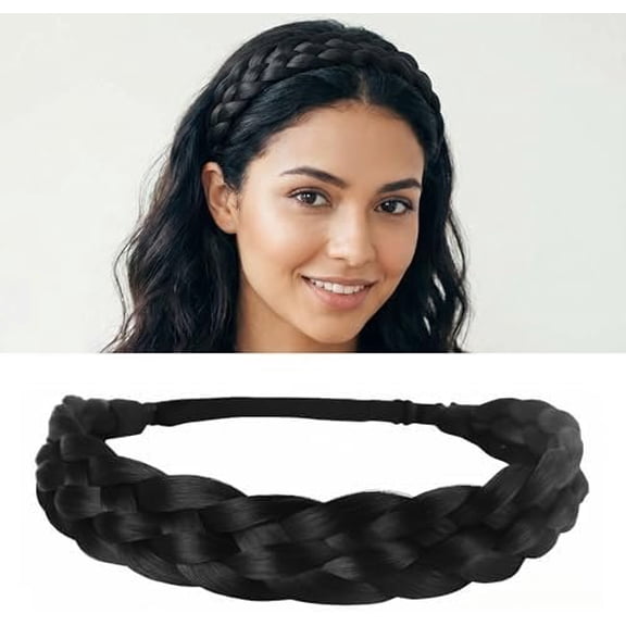 Black Braided Headband for Women, 5-Strand Chunky Synthetic Hair Braid Headband, Adjustable Plaited Hairband for Wigs, Ponytails, Buns, Daily Hair Styling Accessories