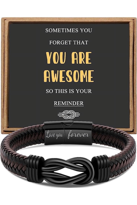 Black Braided Leather Infinity Bracelet  with Stainless-steel Clasp Engraved “Love You Forever”—perfect for Dad, Brother, Uncle, Boyfriend, Son, or Grandson.