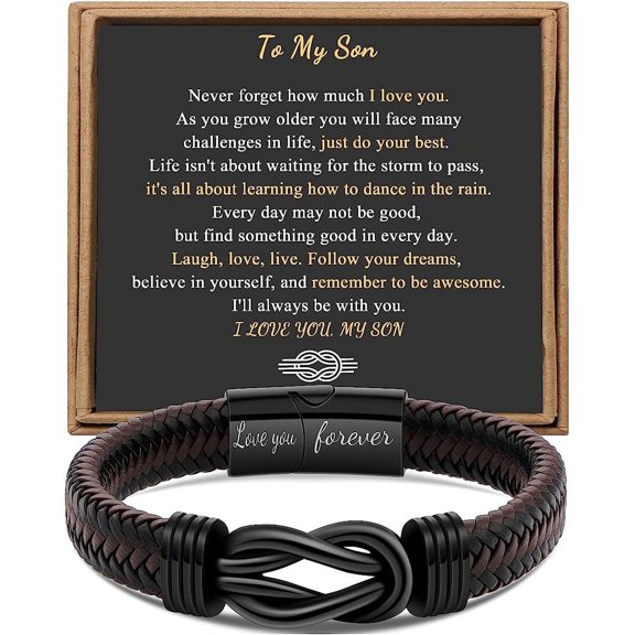Black Braided Leather Infinity Bracelet  with Stainless-steel Clasp Engraved “Love You Forever”—perfect for Dad, Brother, Uncle, Boyfriend, Son, or Grandson.