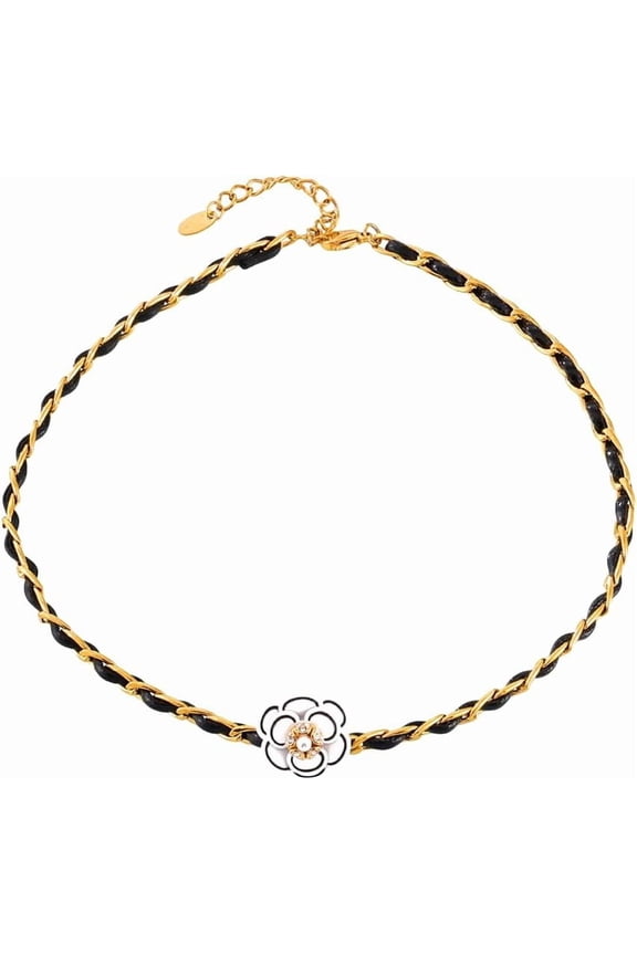 Black Braided Leather Rope Camellia Rose Flower Titanium Steel Choker Gold Plated Chain Pendant Necklace Fashion Women Jewelry