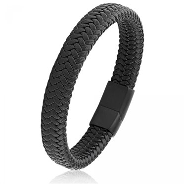 Men's Black Leather & Stainless Steel Braided Bangle Bracelet – Magnetic Lock – 21cm Length – Unbranded