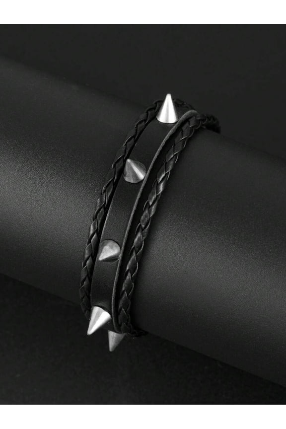 Black Braided PU Leather Spike Cuff Bracelet Set - C Variant, Punk Style