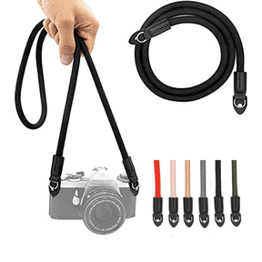 Black Braided Rope Camera Strap Durable Woven Nylon Neck Strap with Leather Ends, Comfortable Lightweight Shoulder Strap for DSLR, Mirrorless & Film Cameras