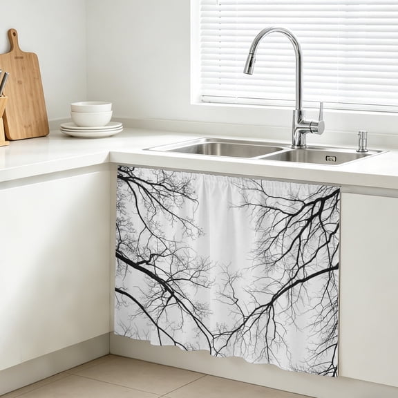 Black Branch Cabinet Curtains for Kitchen 10"W x 11"L, Country Abstract Pale Bald Bough Swollen Farmhouse Under Sink Skirt Magic Tape Short Curtain Decorative Privacy Panel for Bathroom Laundry