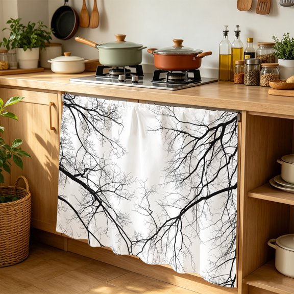 Black Branch Cabinet Curtains for Kitchen 35"W x 35"L, Country Abstract Pale Bald Bough Swollen Farmhouse Laundry Sink Cabinets Magic Tape Short Curtain Privacy Panel for Bathroom Vanity Cabinets