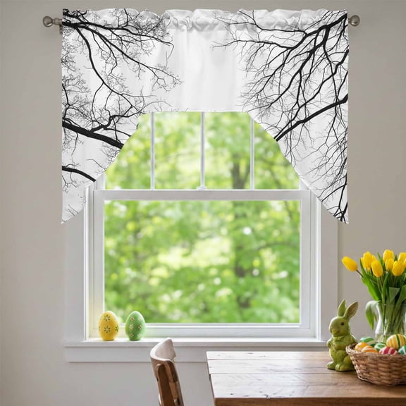Black Branch Swag Valances for Kitchen Window, Country Abstract Pale Bald Bough Swollen Farmhouse Small Swag Valances Rod Pocket Curtain Drapes Window Treatment for Bedroom Bathroom, 56x36 Inch