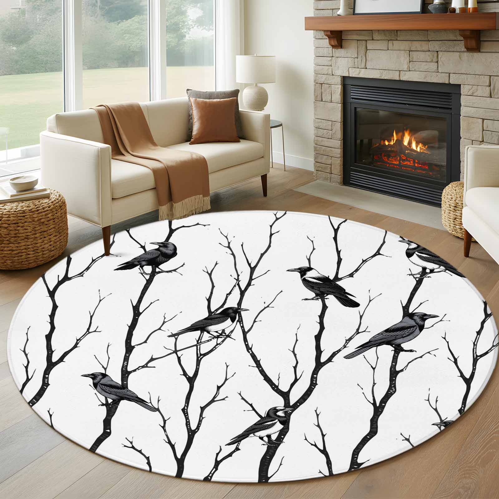 Black Branches Birds Round Rug 6ft Washable Circle Kitchen Rugs Non ...