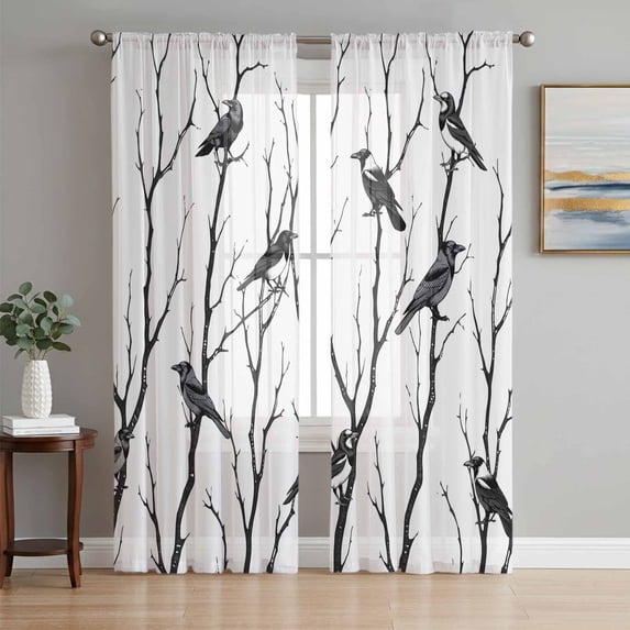 Black Branches Birds Sheer Curtains 63 Inch Length 2 Panels Set Window Treatments, Modern Abstract Forest Silhouettes Rod Pocket Semi Curtains for Living Room/Bedroom/Kitchen Décor, 104"W x 63"L