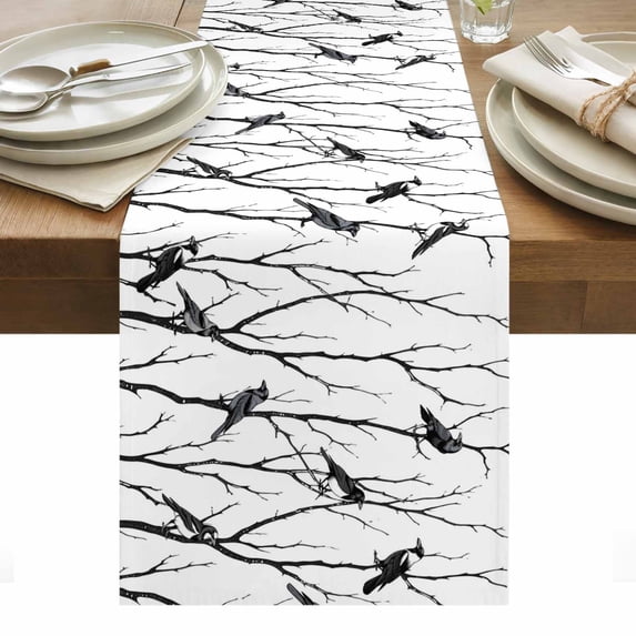 Black Branches Birds Table Runner - 72 Inch Long, Kitchen Dining Table Runner Dresser Scarves, Modern Abstract Forest Silhouettes Farmhouse Decor for Coffee Tables Wedding Party Banquet
