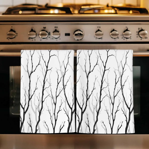 Black Branches Kitchen Towels Set of 3, Modern Abstract Art Forest Silhouettes Absorbent Dish Towels for Kitchen, Microfiber Hand Towel, Quick Drying Tea Towel for Cleaning Decorative Dishcloths