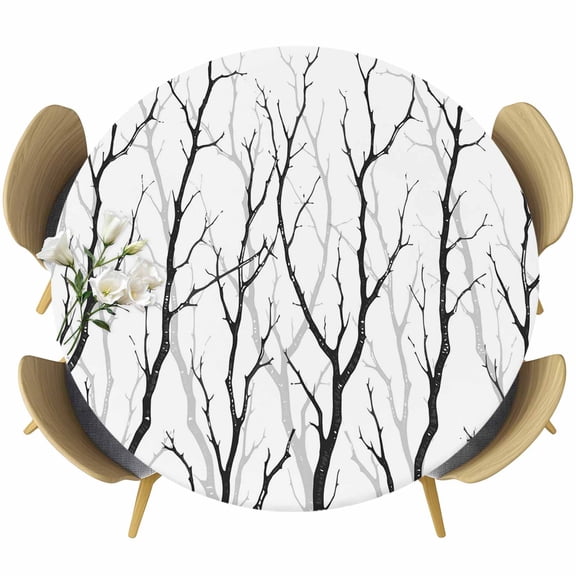 Black Branches Round Fitted Tablecloth with Elastic Edge, Abstracts Plant Silhouettes Modern Style Stretch Table Covers for 36"-44" Tables Wipeable Table Cloth for Outdoor