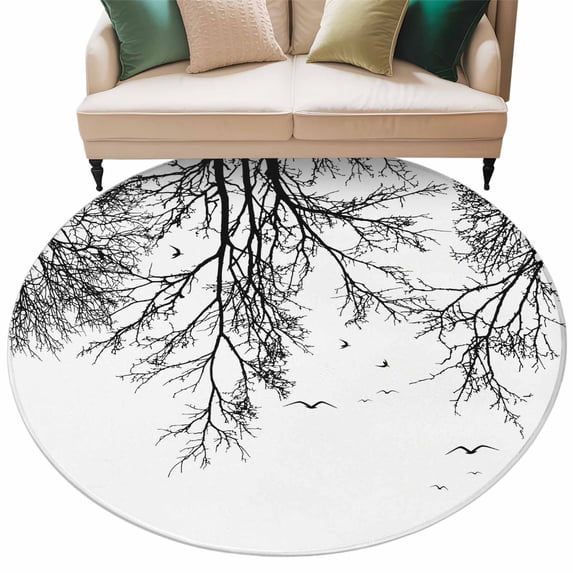 Black Branches Round Rug 7ft Washable Circle Rugs Non Slip Botanical ...