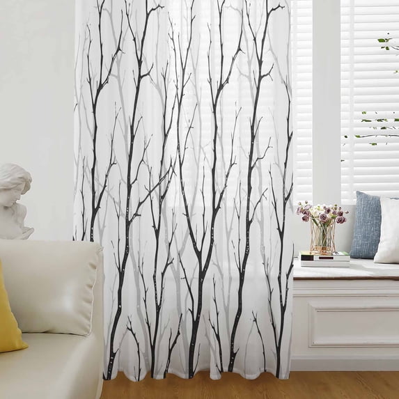 Black Branches Semi Sheer Curtains Drapes for Living Room,Bedroom,French Doors Window 63 Inches Long,Modern Abstract Art Forest Silhouettes Rod Pocket Chiffon Curtain Drapery Voile Draperies Panel