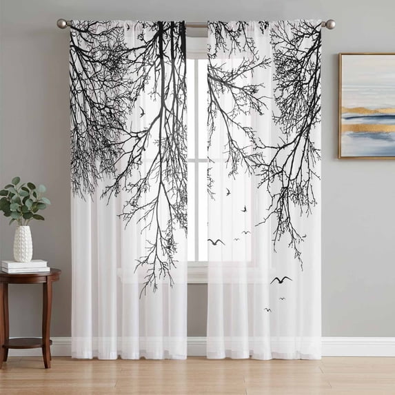 Black Branches Sheer Curtains 96 Inch Length 2 Panels Set, Botanical Dead Tree Birds Voile Window Treatment Semi Sheer Long Curtains Drapes for Bedroom/Living Room/Kitchen 52"x96"x2