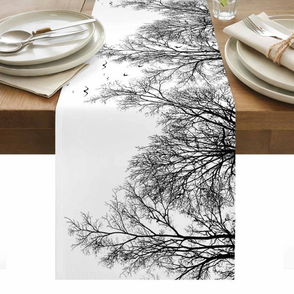 Black Branches Table Runner Botanical Dead Tree Birds Tablerunners 13 x 60 Inch, Table Decorations Tabletop Scarf for Summer Gathering Holiday Farmhouse Kitchen Dining Decor